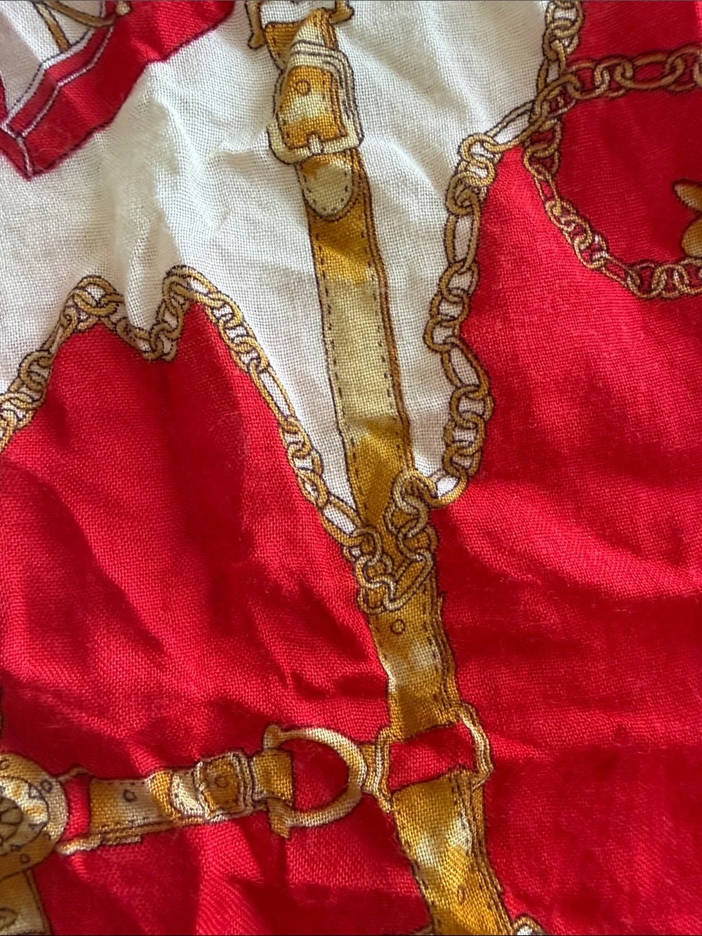 Red & Cream Vintage-Inspired Scarf with Gold Equestrian Motifs and scrolls